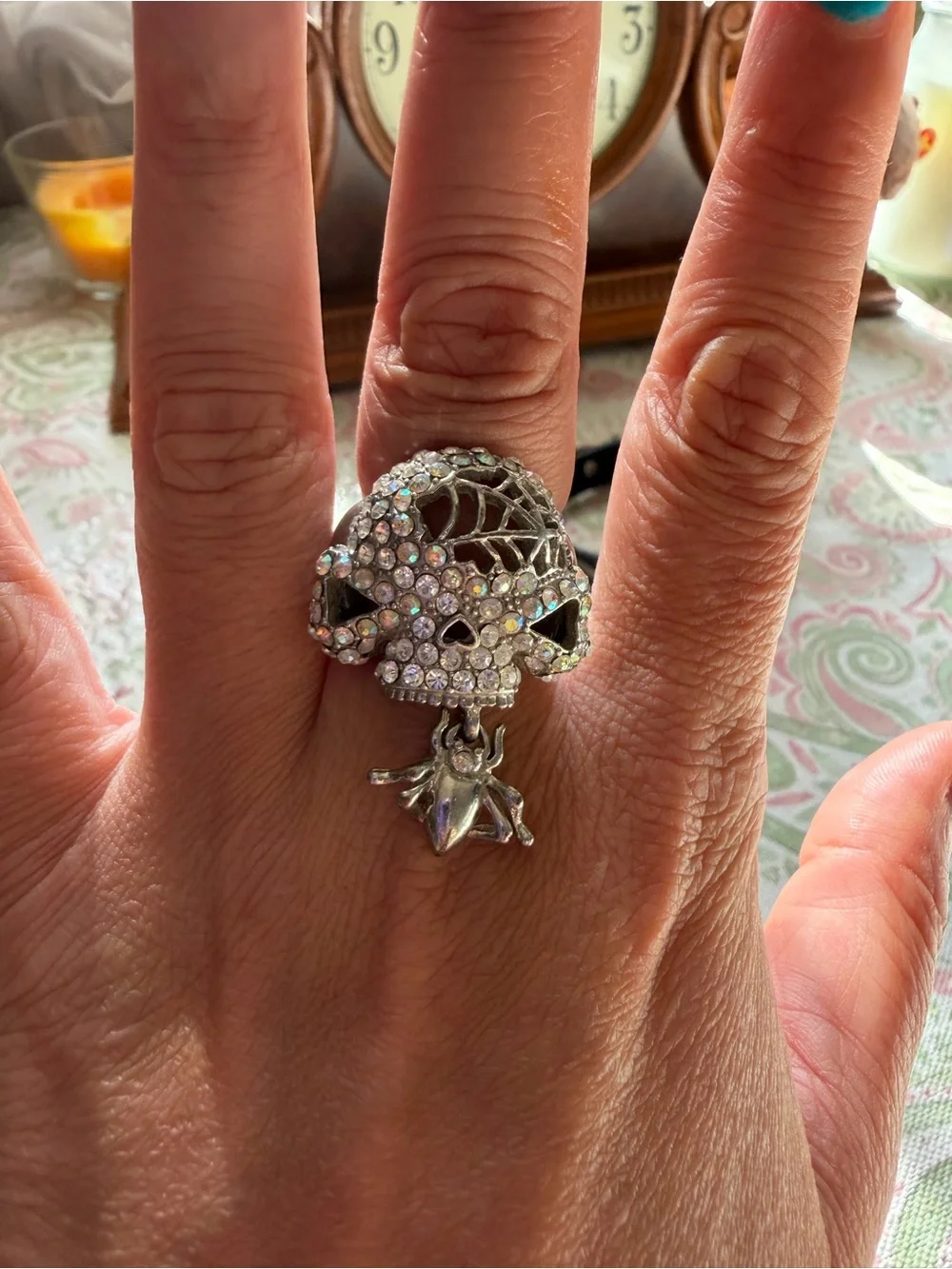 Crystal Rhinestone Silver Tone Skull and Spider Statement Ring Edgy Goth